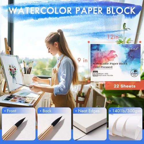 Miniatura 6 de Bloque de papel para acuarelas 9x12 pulgadas, Fuumuui, almohadilla de papel 100% algodón, 22 hojas, prensado en frío, sin ácidos, 140 lb/300 gsm