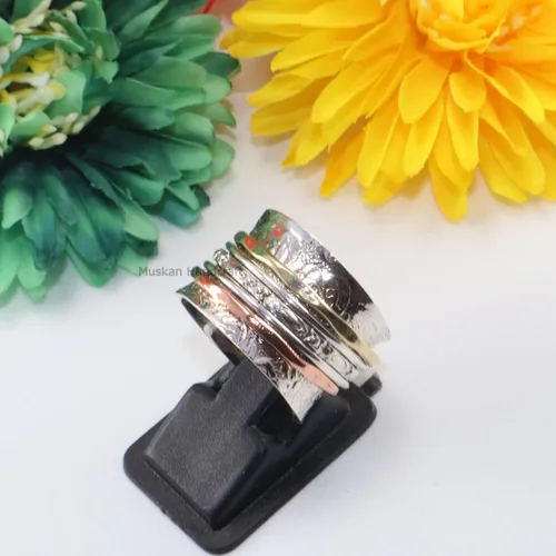 Miniatura 8 de Solid 925 Sterling Silver Flower Floral Three Tone Hammered Meditation Spinner Ring For WomenGirls