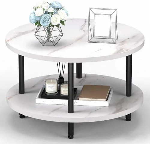 Miniatura 9 de Mesa de Café FAMIDGE, Mesas de Café de 23.6" para Sala de Estar, Mesa de Café Redonda con Marco de Metal, Mesa de Piso para Sentarse en el Suelo