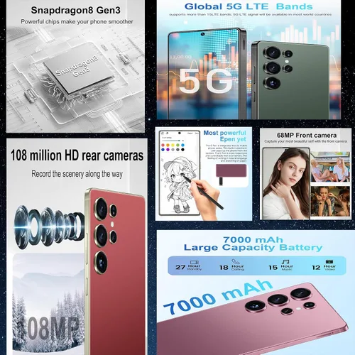 Miniatura 5 de G25 Ultra 5G teléfono inteligente desbloqueado con S Pen 8GB+256GB Batería de larga duración de 7000mAh Pantalla FHD+ 120Hz de 7.3 pulgadas