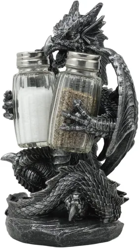 Miniatura 3 de Ebros Gift Juego de salero y pimentero gótico medieval, color negro, semimetálico, negro, estatua de 7.75 pulgadas de alto, figura de dragón