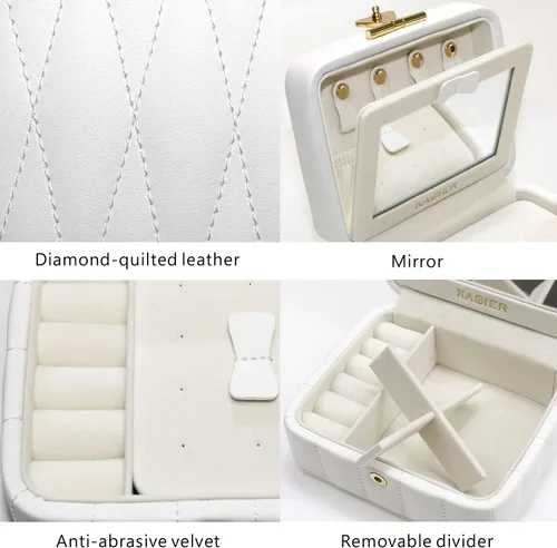 Miniatura 5 de KAMIER Organizador de joyas de viaje, caja organizadora de joyas de viaje de cuero acolchado con diamante, caja de joyería pequeña para mujer