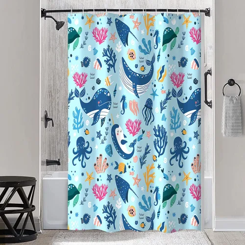 Miniatura 7 de Cortina de ducha náutica para niños, azul bohemio, océano, tiburón, abstracto, dibujos animados, decoración de baño, con cortinas de ducha de tela