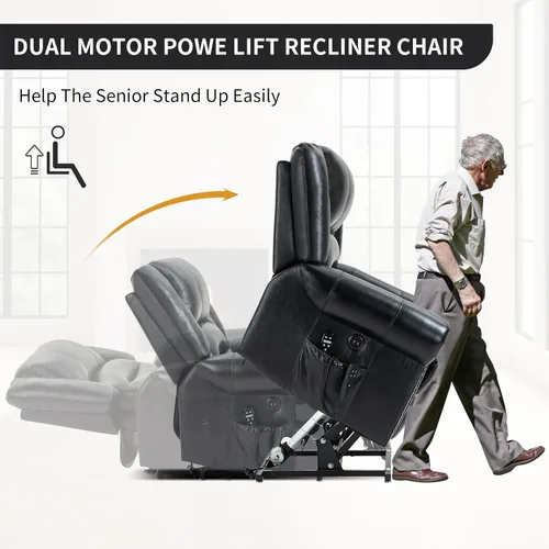 Miniatura 6 de Silla elevadora eléctrica de doble motor, silla reclinable plana con masaje y calor para personas mayores, control remoto, posición infinita, Negro