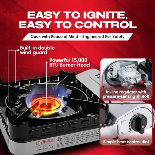 Miniatura 3 de Chef Master Estufa de campamento portátil de butano de 15,000 BTU Quemador portátil de doble protector contra el viento con encendido de clic Solo
