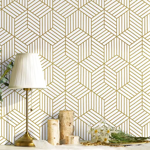 CiCiwind Papel tapiz bohemio para despegar y pegar, papel de contacto geométrico moderno blanco y dorado para gabinetes, papel tapiz autoadhesivo