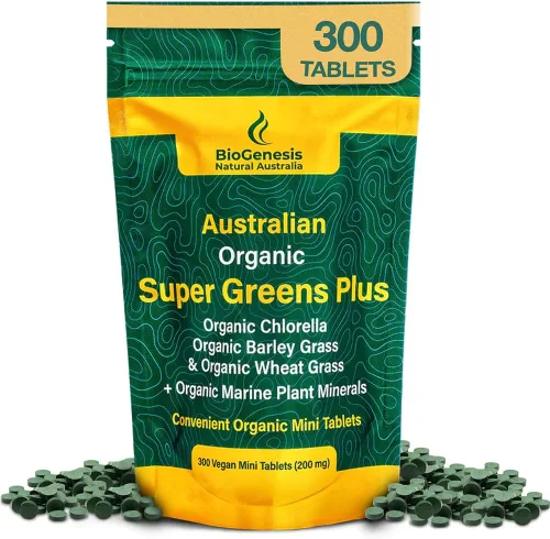 Biogenesis SuperGreens Plus Tabletas – 300 unidades (200 mg) | Sin sabor | Clorella orgánica, pasto de trigo y hierba de cebada | Cultivado en