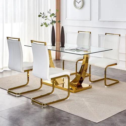 Miniatura 16 de Juego de mesa de comedor de 63 pulgadas para 4, juego de mesa de comedor dorado moderno para 4, juego de mesa de cocina de mármol sintético con negro