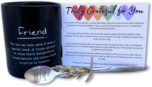 Miniatura 8 de Caja de regalo de taza de café con texto en inglés "Friends are the Family We Choose", taza de cerámica negra de 20 onzas, cuchara de acero
