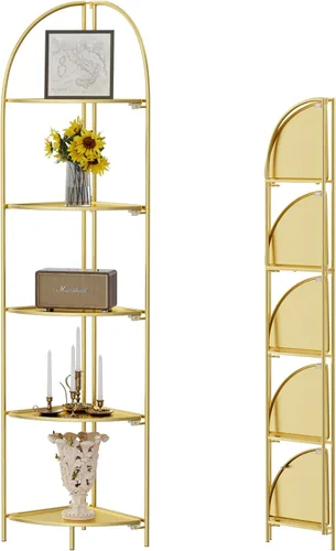 Miniatura 11 de Crofy Estante esquinero plegable de 3 niveles, soporte de esquina de metal para plantas con marco negro y estantes negros, estante de exhibición