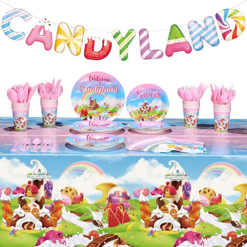 Tiamon 171 piezas de decoraciones de fiesta de donas de Candyland para 24 invitados, decoraciones de fiesta temática de caramelos, incluye platos,