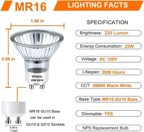 Miniatura 2 de Vinaco - Bombilla halógena GU10+C 120 V 25 W de larga duración, bombilla para calentador de velas de 25 vatios, luz blanca cálida 2800K, intensidad