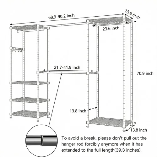 Miniatura 2 de BATHWA - Perchero de alta resistencia independiente para espacio de 68.9 a 90.2 pulgadas Expandable Clothing Storage, Adjustable 6 Shelves, 4