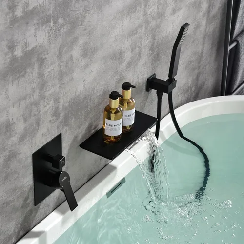 Miniatura 15 de SHAMANDA Grifo de bañera en cascada con rociador, relleno de bañera de montaje en pared con ducha de mano, grifo de bañera de una sola manija