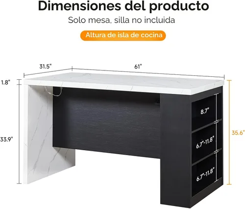 Miniatura 2 de ONBRILL Mesa completa de mesa de isla de cocina de 61 x 31 pulgadas con espacio de almacenamiento, toma de corriente y luces LED, mesa de comedor