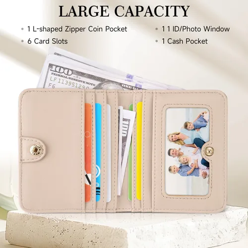 Miniatura 4 de Billetera para mujer, delgada y pequeña, billetera compacta con RFID, plegable, compacta, para mujer, cartera de cuero en relieve 3D con soporte