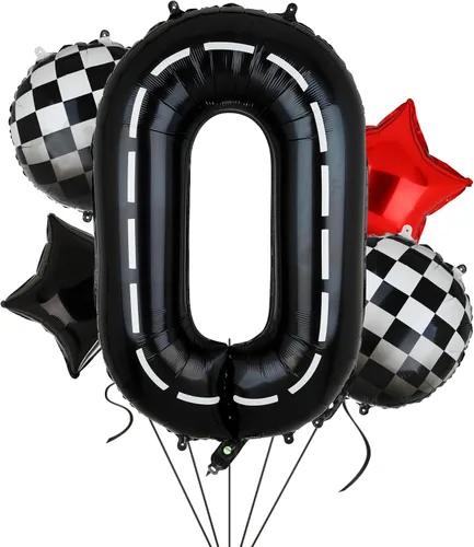Globos de Cumpleaños de Coche de Carreras Globo de Número de Pista de Carreras de 40 Pulgadas 0 Negro Niños 10mo Cumpleaños Decoración de Fiesta