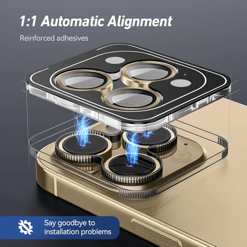 Miniatura 2 de Jeluse Protector de lente de cámara para iPhone 17 Pro Max/17 Pro/16 Pro Max/16 Pro/15 Pro Max/15 Pro/14 Pro Max/14 Pro, kit de alineación de Oro+15