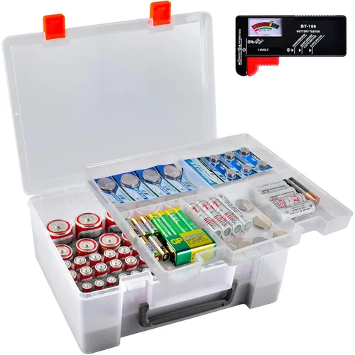 Estuche Organizador de Baterías con Probador de Baterías, Caja de Almacenamiento con Más de 120 Contenedores Transparente para AA AAA 9V C D Litio