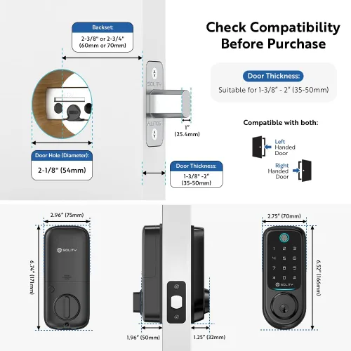 Miniatura 9 de Solity Cerradura digital inteligente sin concentrador, entrada sin llave 5 en 1, huella digital, Wi-Fi, control remoto, teclado de pantalla táctil