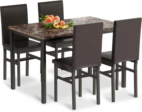 Miniatura 11 de Juego de mesa de comedor para 4, juego de comedor de mármol sintético de 5 piezas, 4 sillas tapizadas de poliuretano, muebles de mesa de cocina Negro