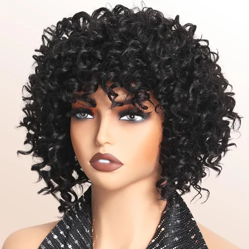 Miniatura 10 de Peluca rizada corta con flequillo peluca sintética afroamericana para mujeres negras, fibra sintética de alta temperatura, pelucas rizadas