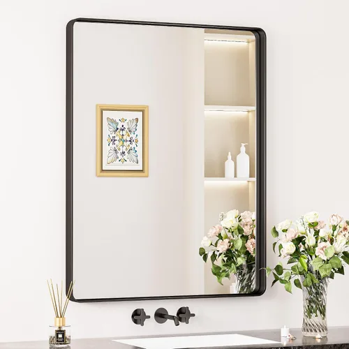 Miniatura 51 de Keonjinn Espejos de baño negros para sobre el fregadero, espejos cuadrados grandes de 36 x 36 pulgadas para pared, espejo rectangular redondeado