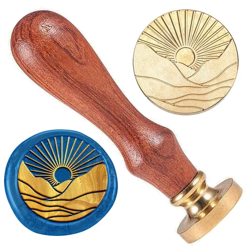 Sello de sellado de cera de atardecer, cabeza de sello de cera de latón de 1 pulgada con mango de madera, sello de cera de montaña vintage para