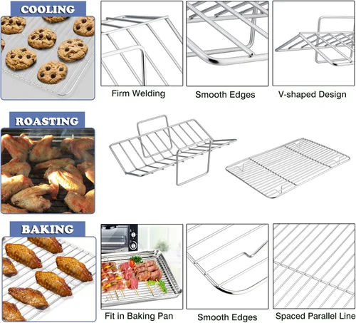 Miniatura 5 de P&P CHEF Asador de 16 pulgadas con estante para hornear y estante en forma de V, sartén rectangular de acero inoxidable para lasaña con asas