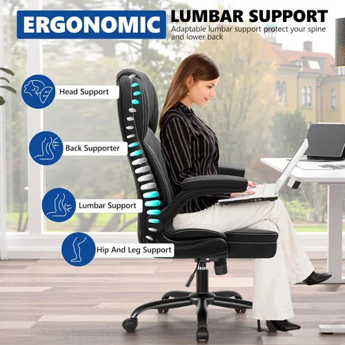 Miniatura 5 de Silla de oficina ejecutiva de cuero PU, silla ergonómica de respaldo alto para computadora y juegos con altura ajustable, giratoria con ruedas
