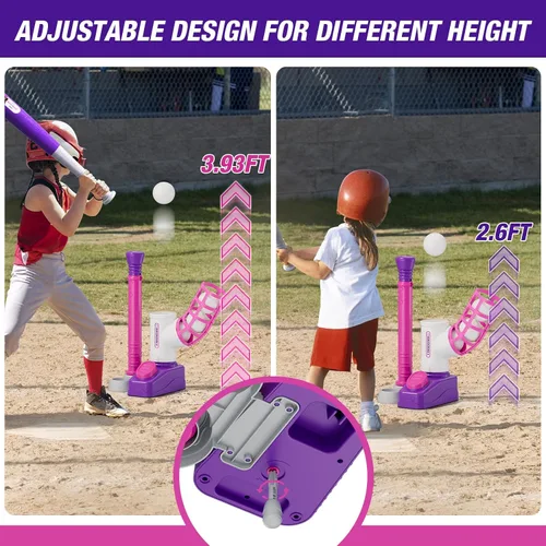 Miniatura 3 de HYES Juego de Tball para Niños Pequeños de 3-5 Años, Set de Pelota con Máquina de Lanzar de Pedal/Tee de Bateo Ajustable/Bate de Béisbol Retráctil/8