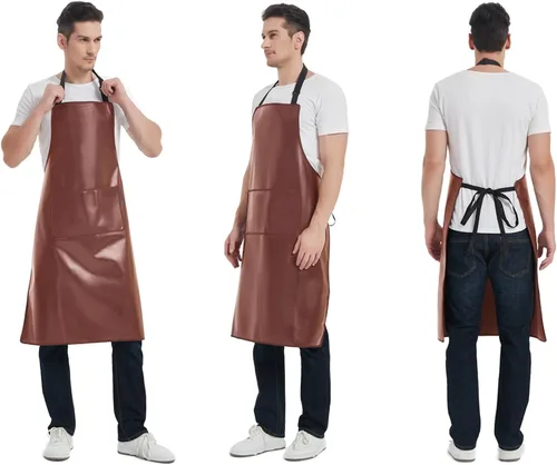 Miniatura 3 de Delantal impermeable, delantal de trabajo resistente, delantal de cuero artificial, ideal para chef, carnicero, peluquero, limpieza Marrón