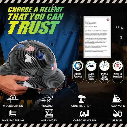 Miniatura 8 de Casco duro de ala completa con patrón de fibra de carbono con visera, casco de seguridad de construcción aprobado por la OSHA para hombres