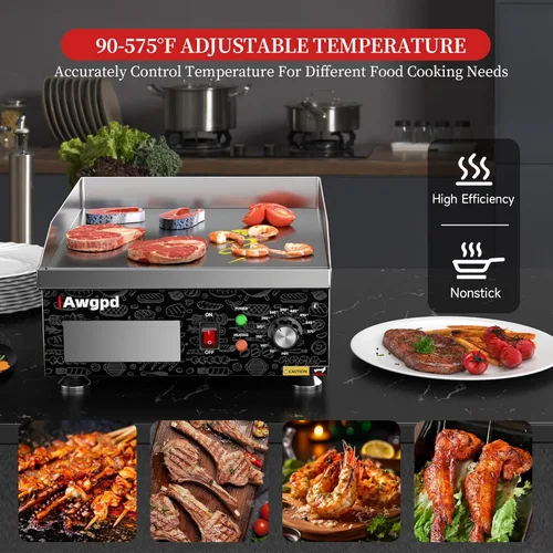 Miniatura 5 de Plancha eléctrica comercial de 14 pulgadas, plancha eléctrica de encimera plana, parrilla eléctrica superior plana de 110 V 1800 W, parrilla