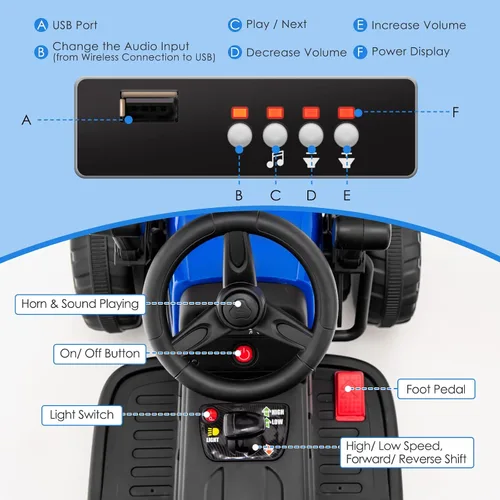 Miniatura 4 de HONEY JOY Coche de paseo eléctrico de 12 V con control remoto, tractor de batería para niños pequeños con rodillo de tambor ajustable, bocina y Azul