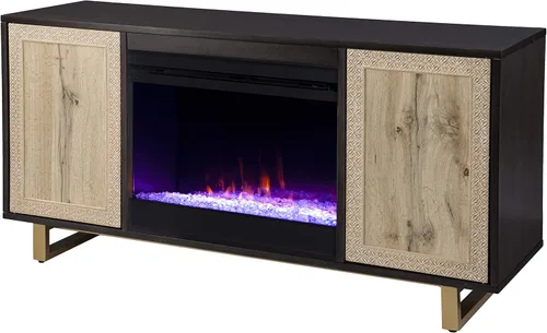 SEI Furniture - Chimenea que cambia de color Wilconia con almacenamiento multimedia y detalles tallados - Diseño de transición, vidrio marrón y