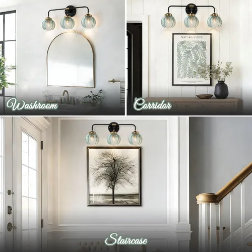 Miniatura 7 de Lámpara de tocador de baño de 3 luces, luz negra de montaje en pared con pantalla de vidrio verde, aplique de pared de mediados de siglo, lámpara