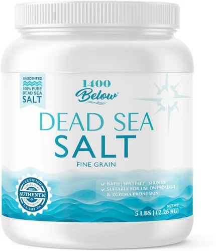 LA SALT CO 1400 por debajo de 5 libras en tarro de sal del mar muerto, grano fino – baño de pies y spa, exfoliante corporal, 100% puro y rico en
