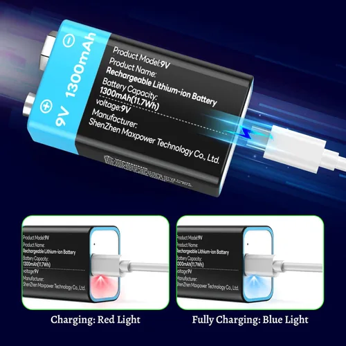 Miniatura 5 de 2-Pack 1300mAh Rechargeable 9V Batteries, 9 Volt Lithium-ion Square Battery Long Lasting Power+Clip Connector and Storage Box for Smoke Alarms