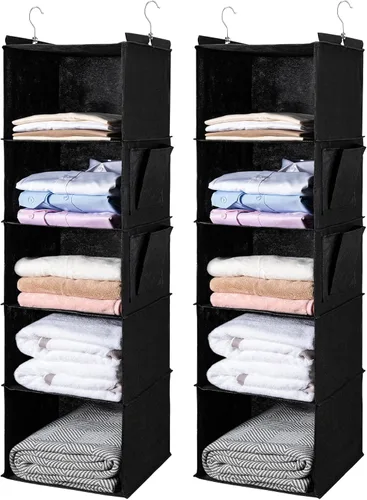 Miniatura 19 de BOOMIBOO Organizador de armario colgante y estantes, 5 estantes colgantes con 2 bolsillos laterales, almacenamiento plegable (negro)