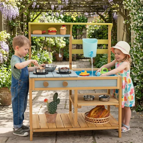Miniatura 2 de Costzon Cocina de madera para niños, cocina de barro al aire libre con fregadero extraíble, caja de agua y grifo, parte superior de la estufa, Azul