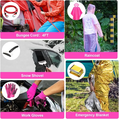Miniatura 8 de Kit de emergencia en carretera para vehículos, con aspiradora de coche inflable 4 en 1, cables de puente rosa, kit de primeros auxilios, cuerda