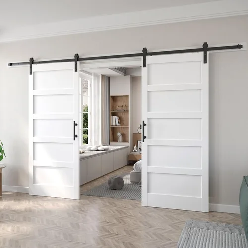Miniatura 38 de Fredbeck Puerta de granero blanca de 30 x 84 pulgadas con kit de herrajes para puerta corredera de 5.5 pies incluido y asa, sólida, MDF, superficie