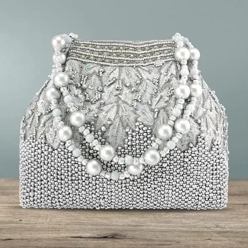 Miniatura 6 de Aheli Potli - Bolsas de noche para mujer, bolso de mano étnico para novia con cordón (P66S), plateado
