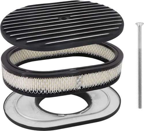 Miniatura 2 de Conjunto universal de filtro de aire ovalado de aluminio pulido de 12 pulgadas, color negro, totalmente aletado, se adapta a carburadores de cuello