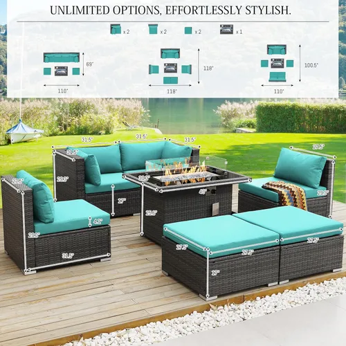 Miniatura 4 de BULEXYARD Juego de 7 piezas de sofá seccional para exteriores con respaldo alto, mesa para fogatas, juego de muebles de patio de mimbre resistente a