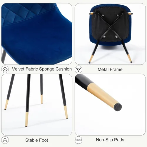 Miniatura 5 de Juego de 2 sillas de comedor de terciopelo azul marino, sillas tapizadas de cocina y comedor con patas de metal, sillas decorativas modernas