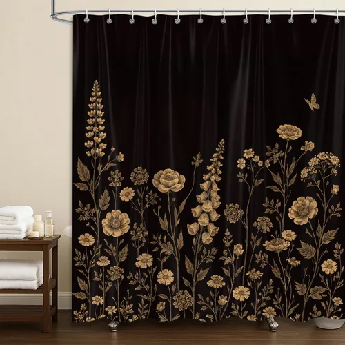 Miniatura 4 de Cortina de ducha bohemia con estampado floral negro y dorado, juego de cortinas de baño de tela impermeable con ganchos, 72 x 72 pulgadas