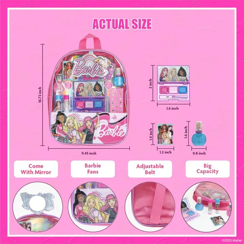 Miniatura 3 de Townley Girl Barbie - Juego de maquillaje para niñas en mochila, incluye bálsamo labial, esmalte de uñas, lima de uñas, lazos para el cabello