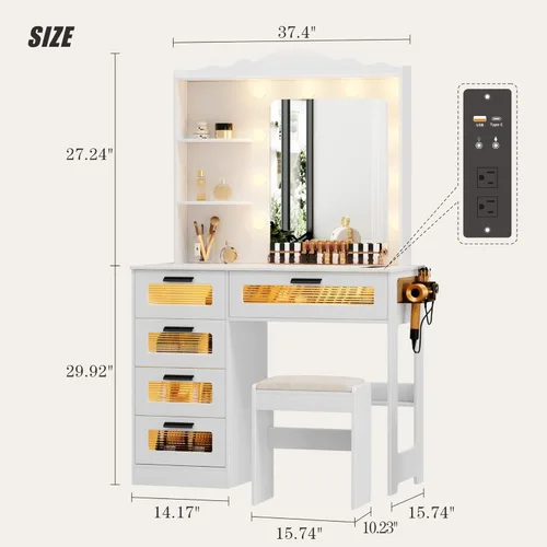 Miniatura 6 de HWB Escritorio de maquillaje con espejo y luces, mesa de tocador con 5 cajones y 2 estantes, juego de tocador para dormitorio, tocador con 10